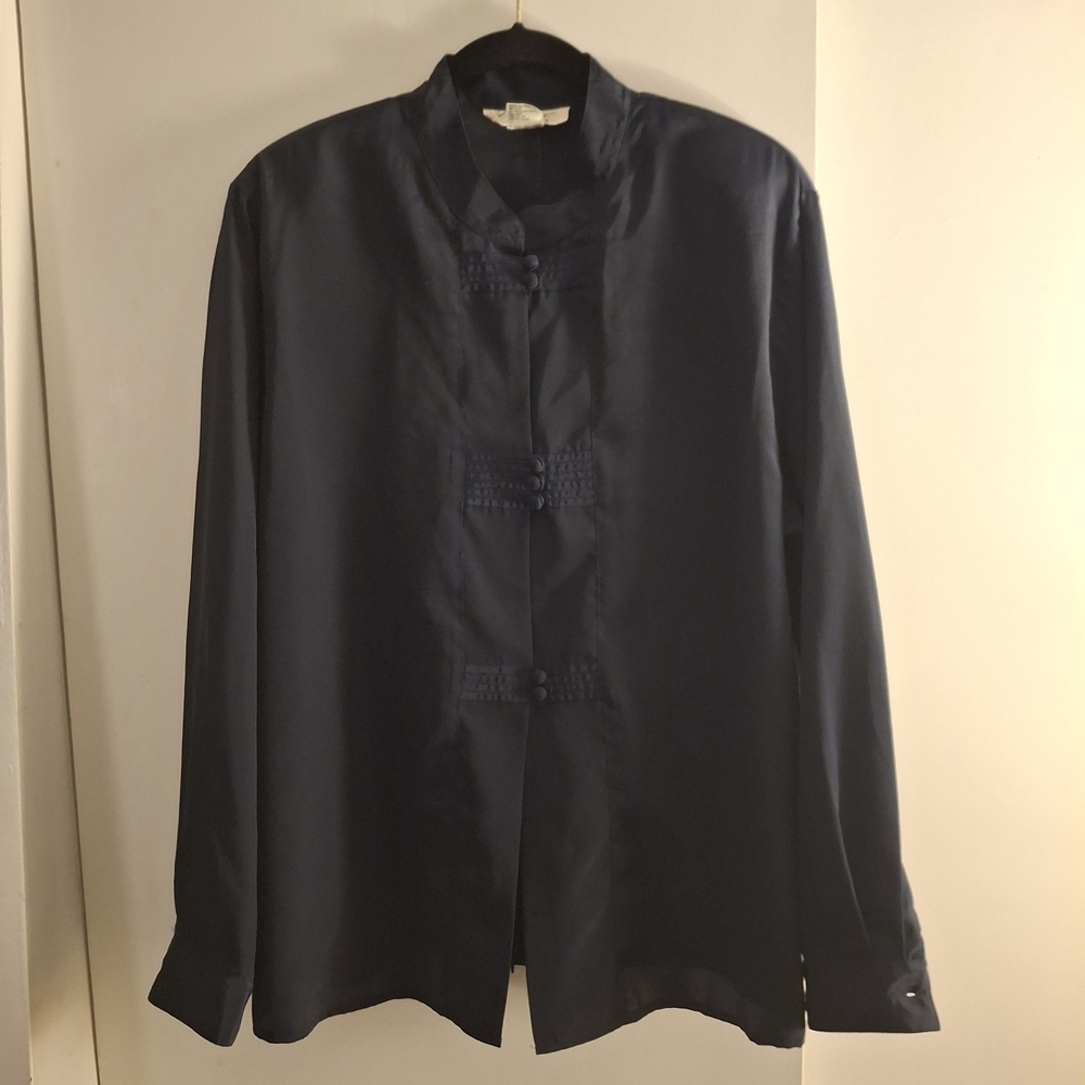 Laura & Jayne Collection Women's Navy Blue Mandarin Collar Long Sleeve Shirt